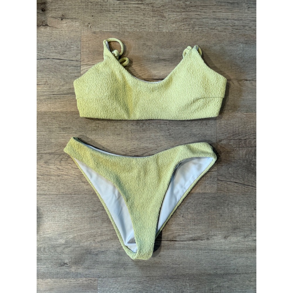 Lime Green Crinkle Textured Bikini Set Two Piece Swimsuit Small High Leg Scoop